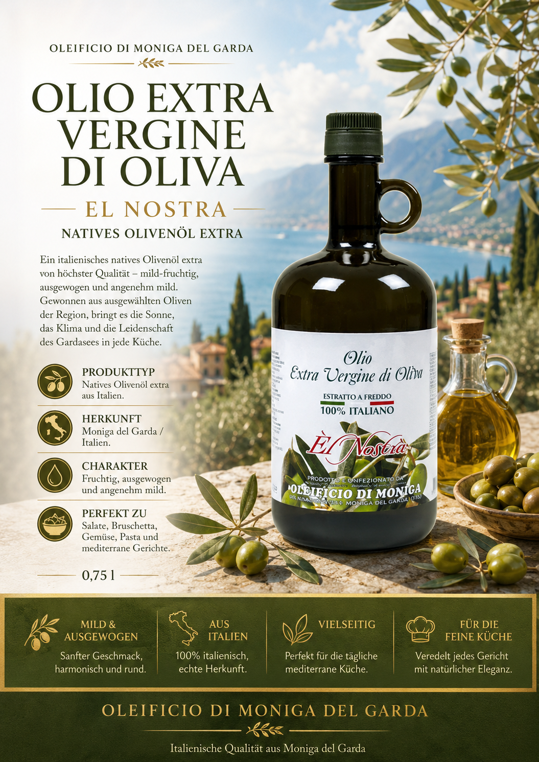 Olivenöl, Extra Vergine, Glasflasche, Olivenölflasche, Italienische Qualität