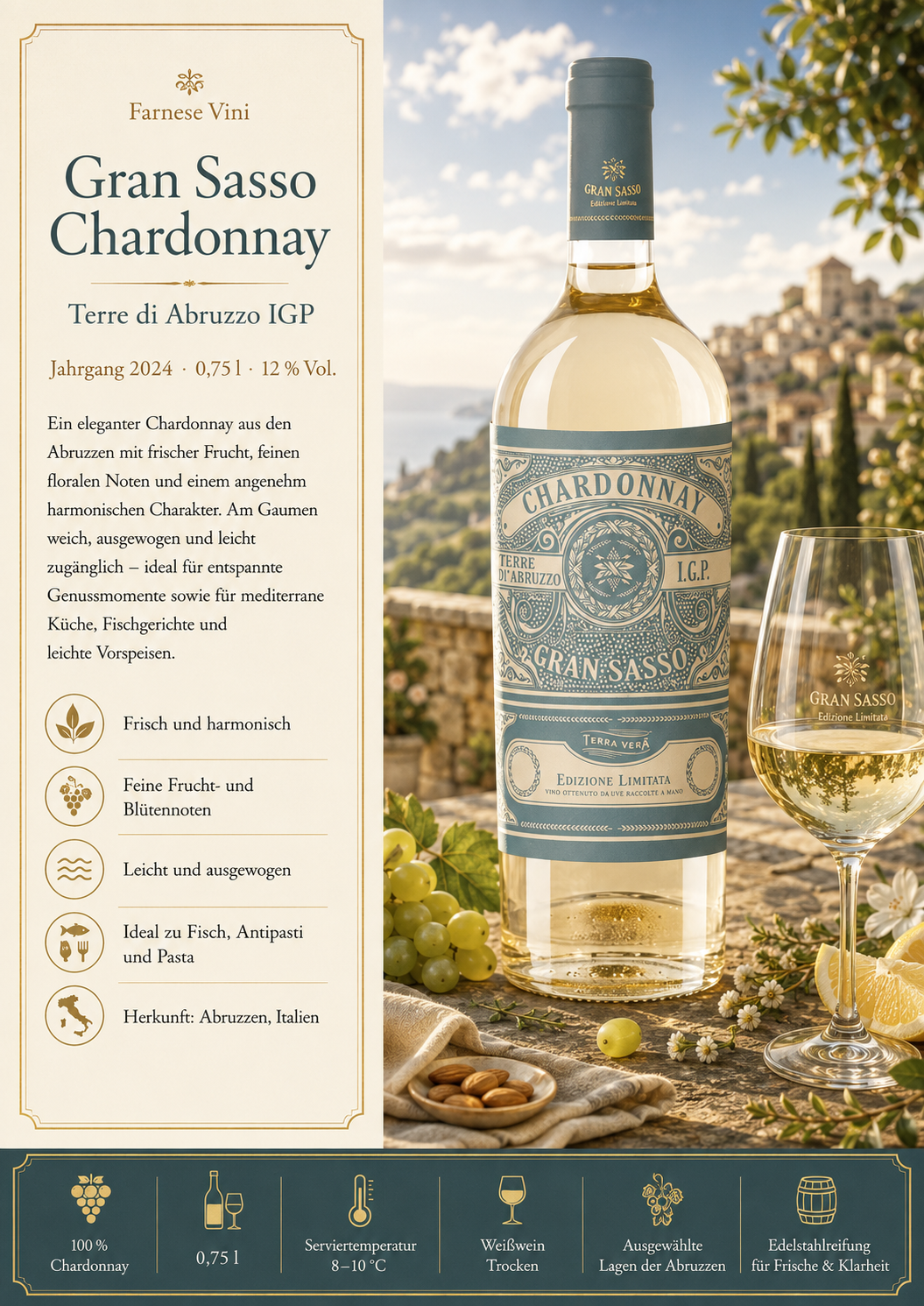 Weißwein, Chardonnay, Gran Sasso, Flasche, Weinglas