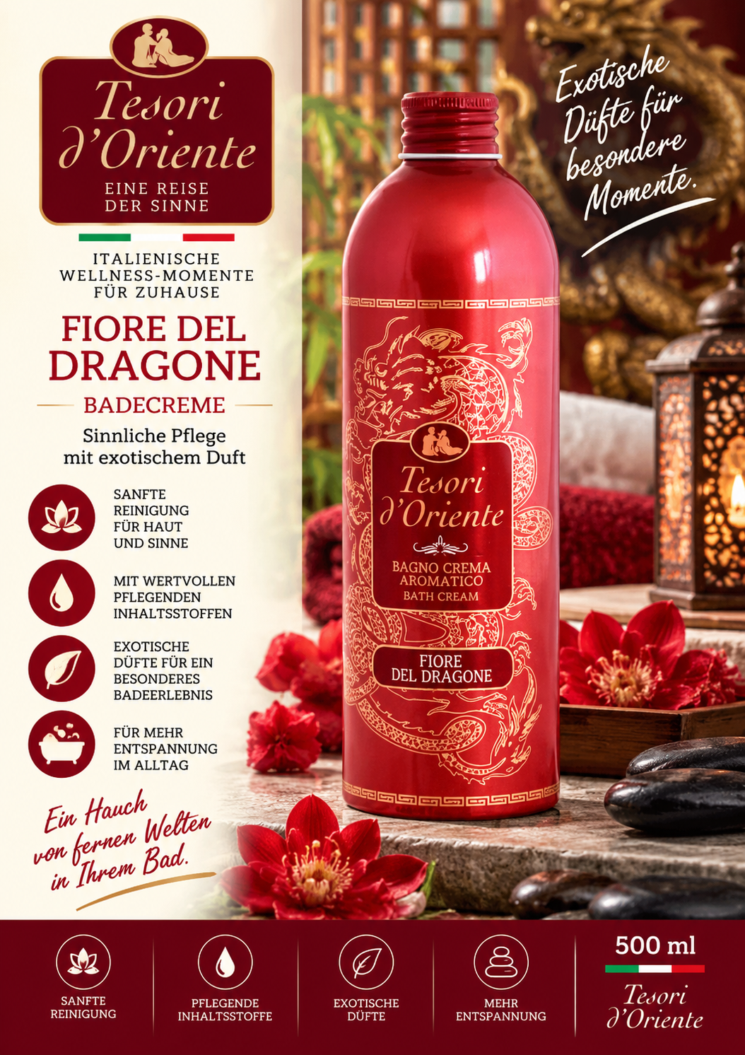 Badekrem, Rosenaroma, 500 ml, Romantik, Ornamentflasche