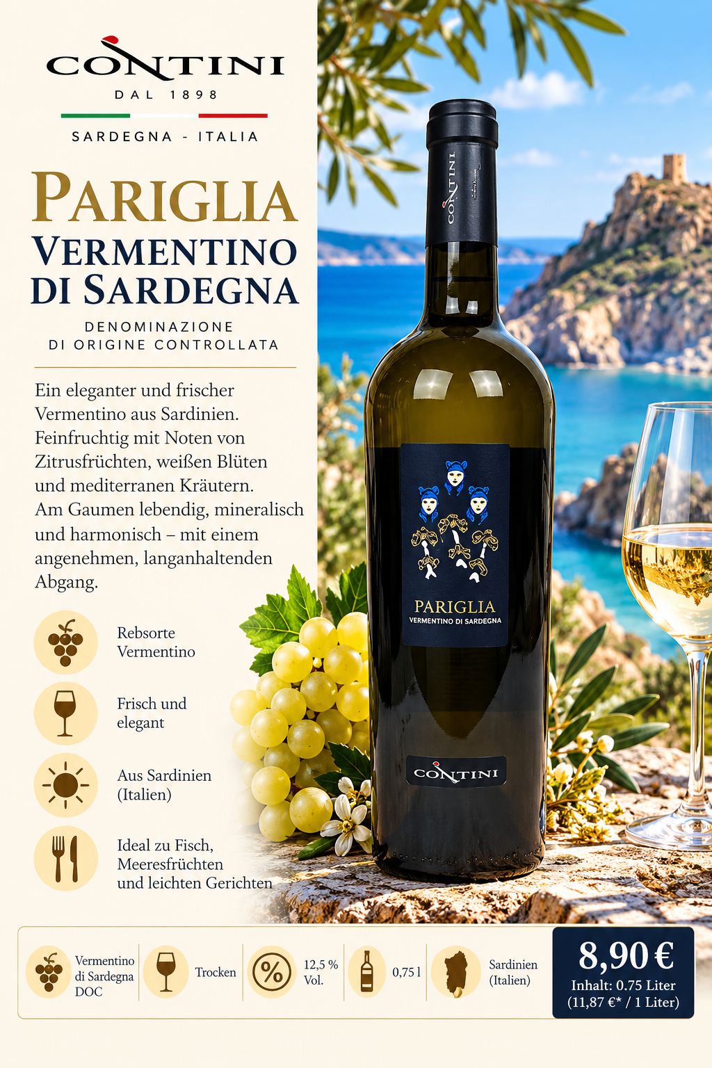 Vermentino, Pariglia, Sardegna, Weißwein, Flasche