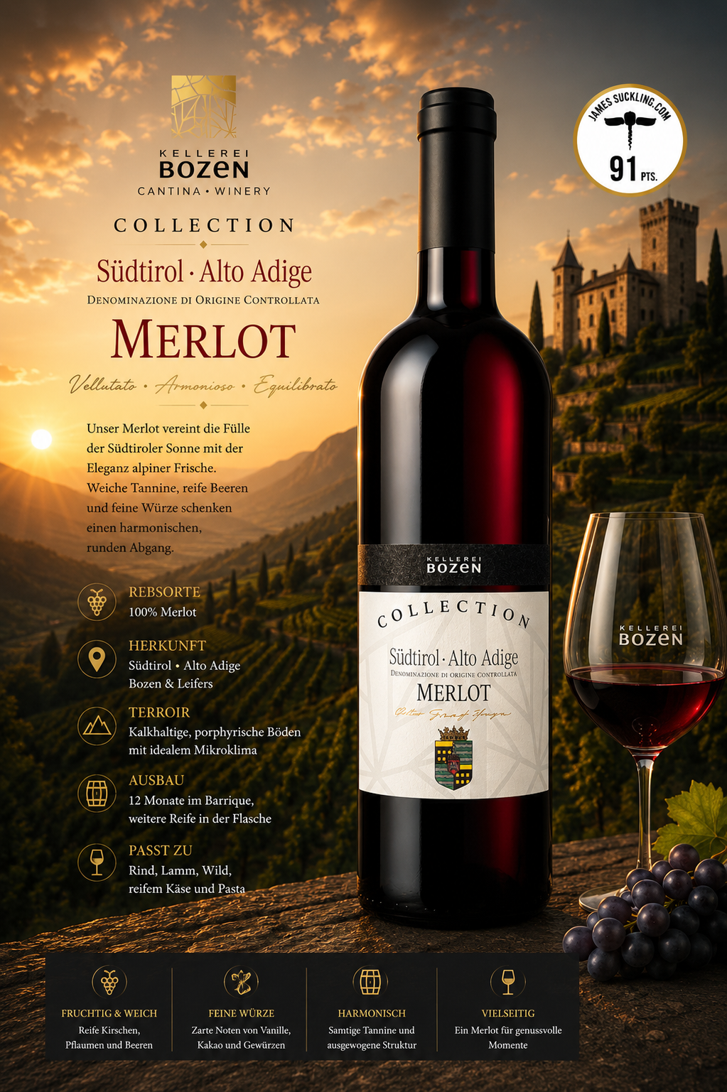 Merlot, Weinflasche, Rotwein, Kellerrei Bozen, Weinglas