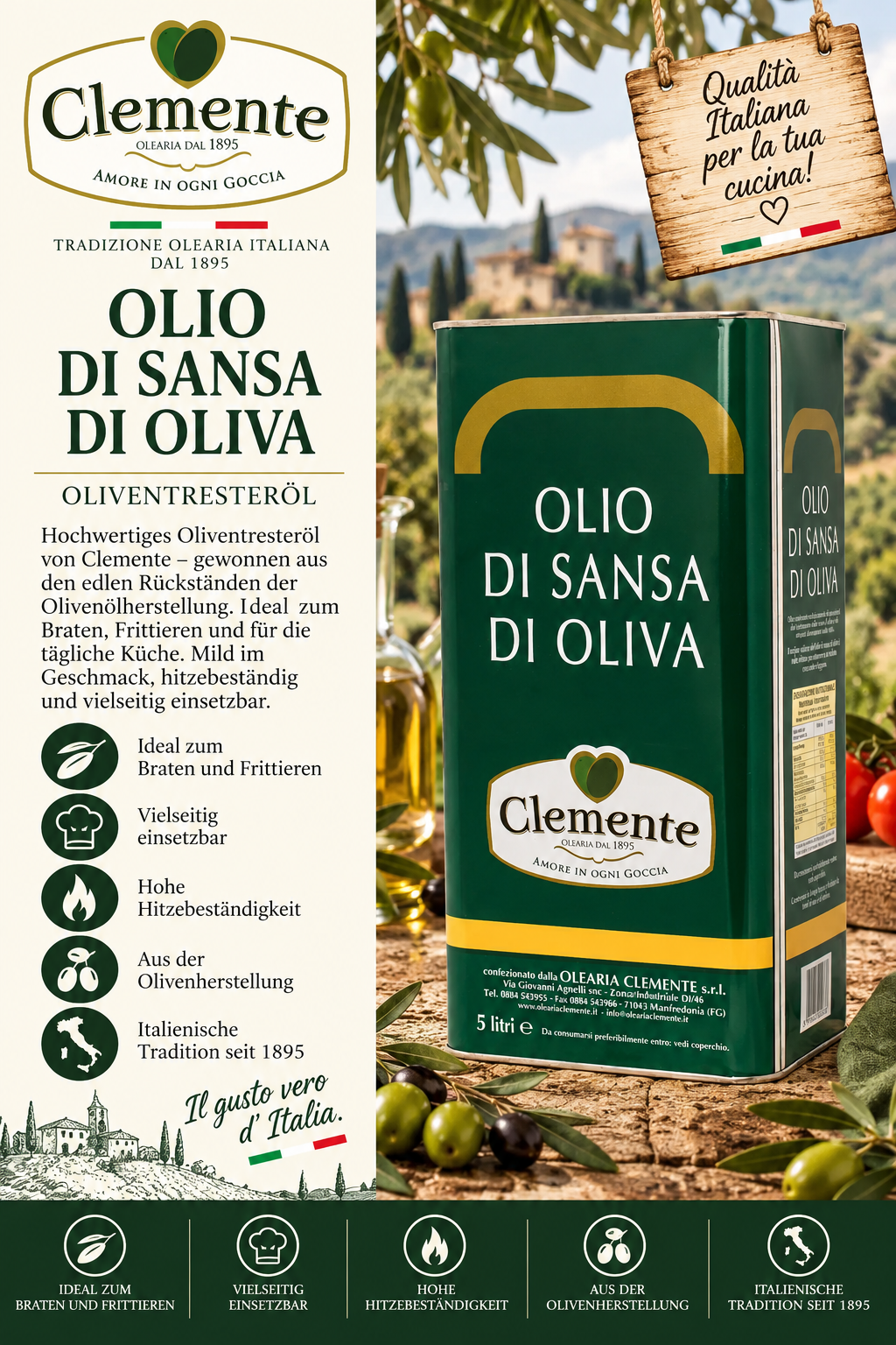 Olivenöl, Flasche Olivenöl, Italienische Tradition, Hochwertiges Olivenöl, Oliventresteröl