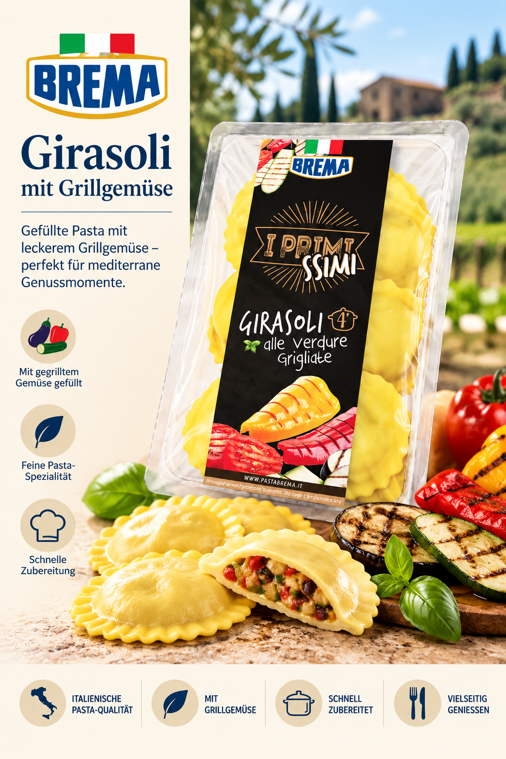 Girasoli, Pasta, Grillgemüse, gefüllt, Pastaform