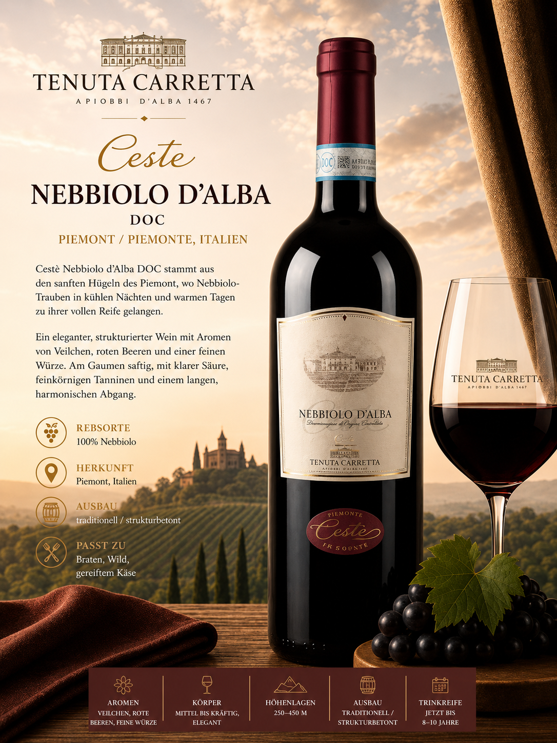 rotwein, nebbiolo, dellalba, italien, glasWein, Nebbiolo d'Alba, Rotwein, Italien, Barrique/ Holzfass?, Glas Wein?
