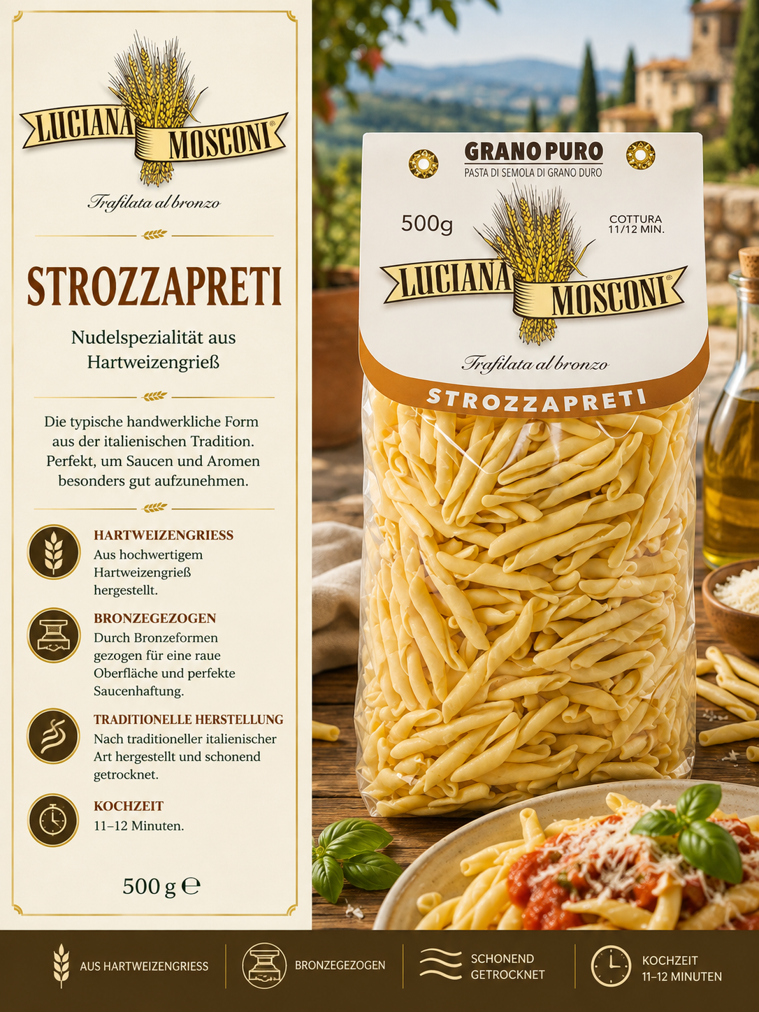 Pasta, Strozzapreti, Hartweizen, Bronzegezogen, Trockenware