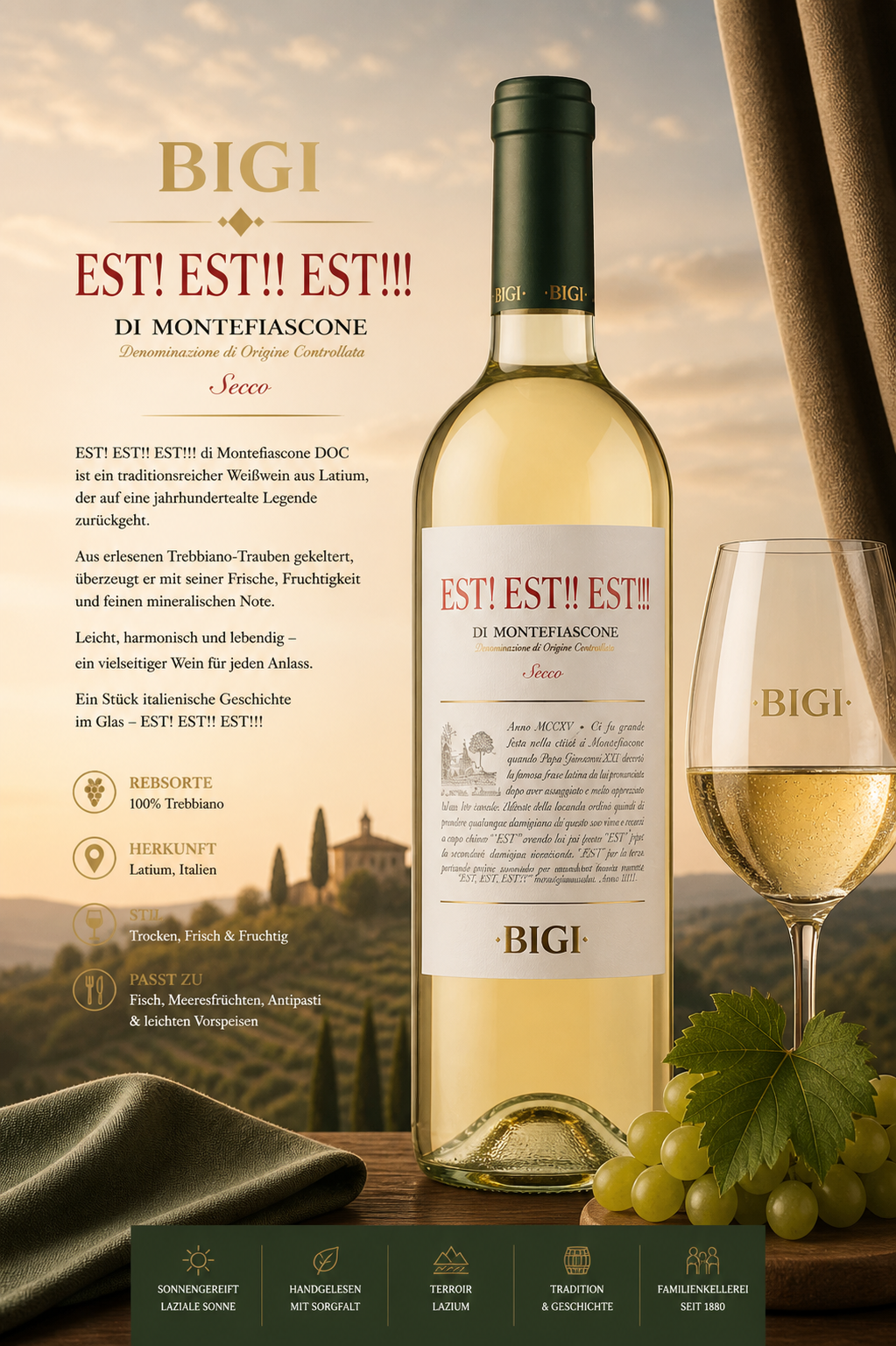 Weißwein, Weißweinflasche, Weinflasche, Weißwein-Glas, Italienischer Wein