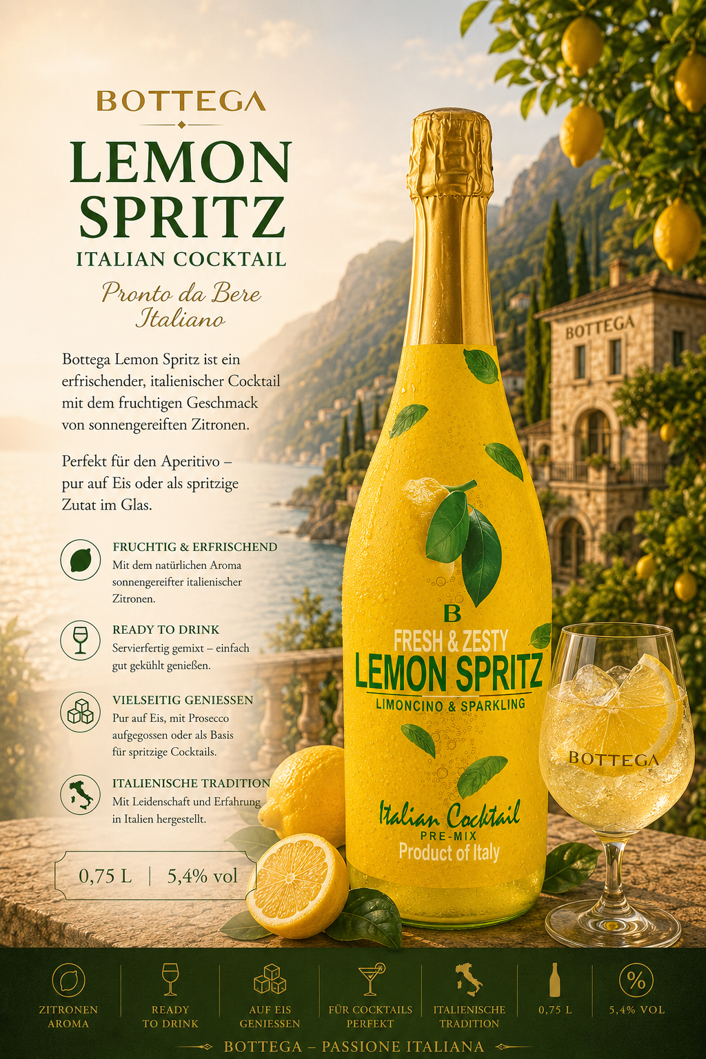 Lemon Spritz, Italienischer Cocktail, Limoncino, Sekt/Glas Spritz, Flasche 0.75L