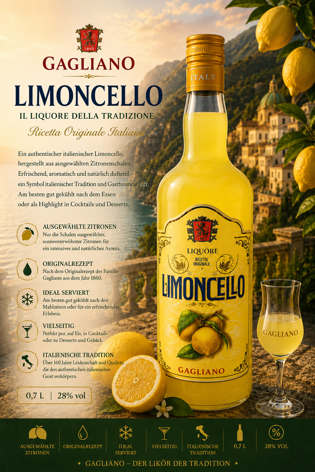Limocello, Limocello Likör, Italienischer Likör, Zitronenlikör, Flasche Limoncello