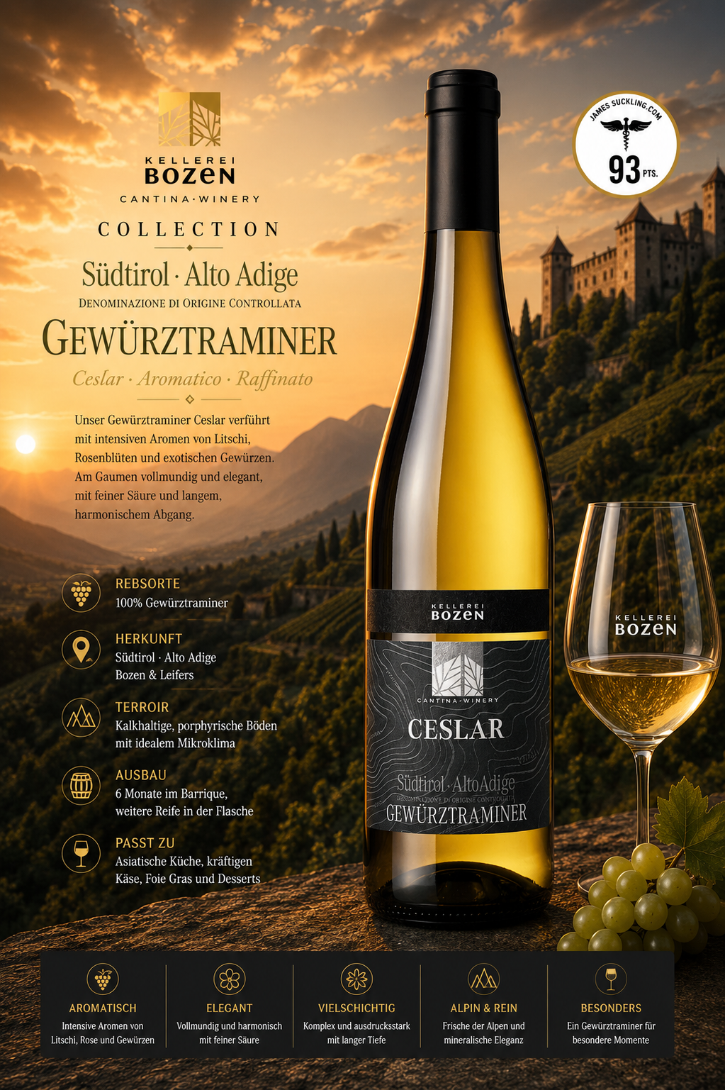 Weißwein, Gewürztraminer, Alto Adige, Flasche, Kulinarik