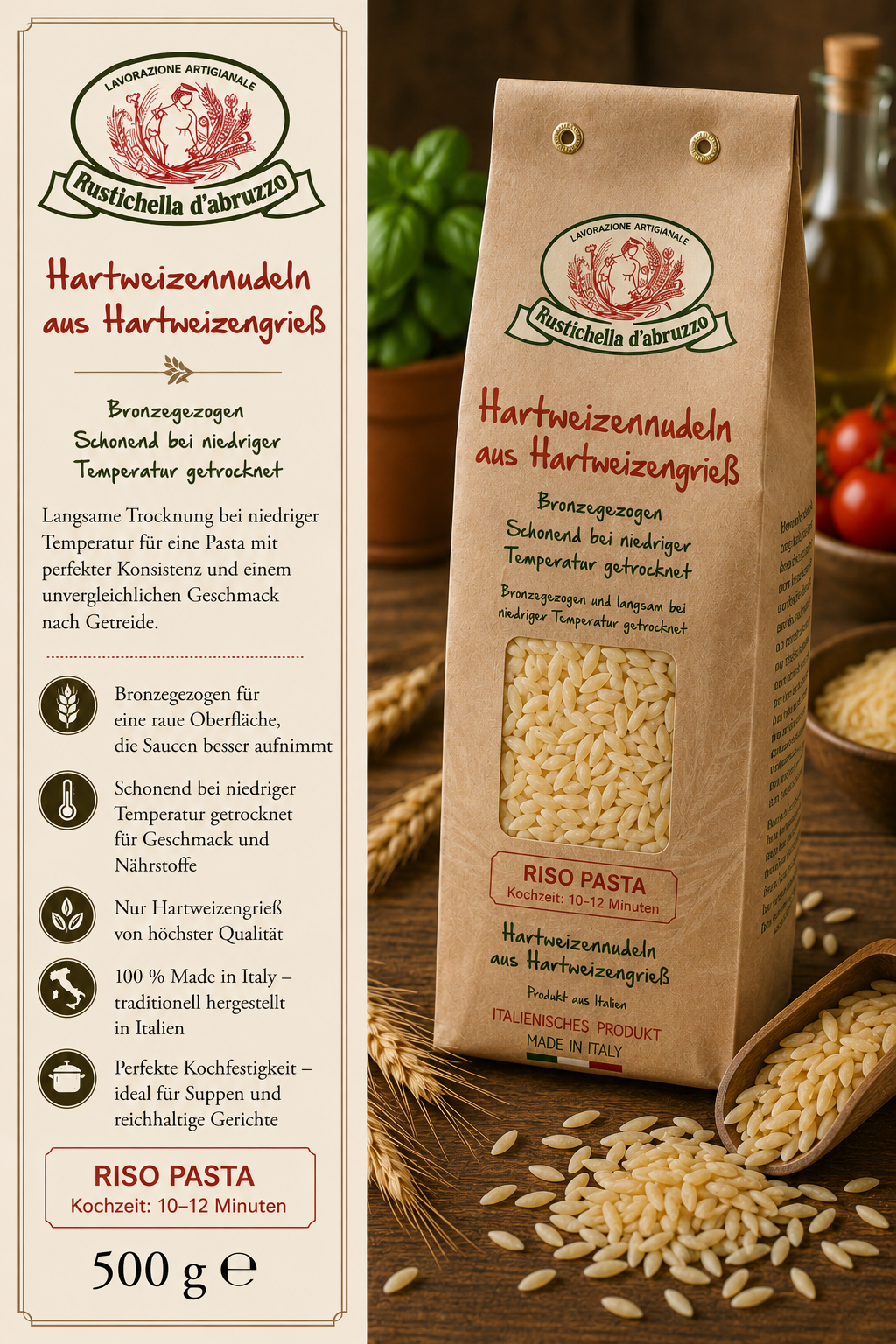 Hartweizen Nudeln, Riso Pasta, Pasta, Hartweizenmehl, Italienische Herstellung
