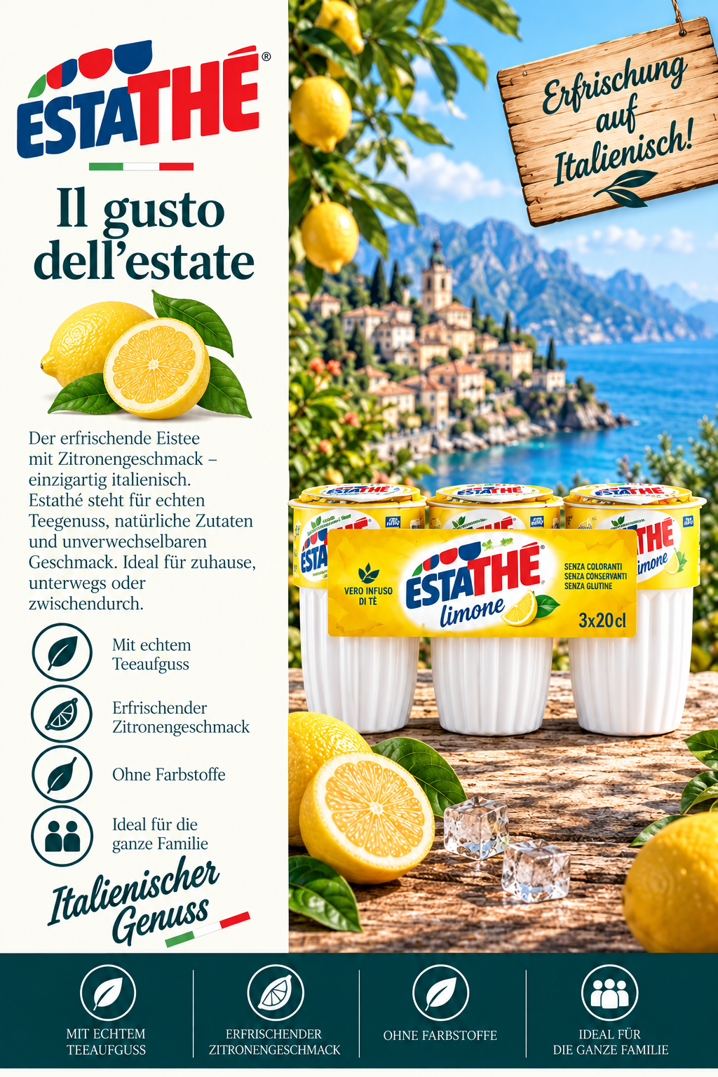 Limonengetränk, Zitrusduft, Kartonverpackung, Italienischer Genuss, Mehrfachpackung