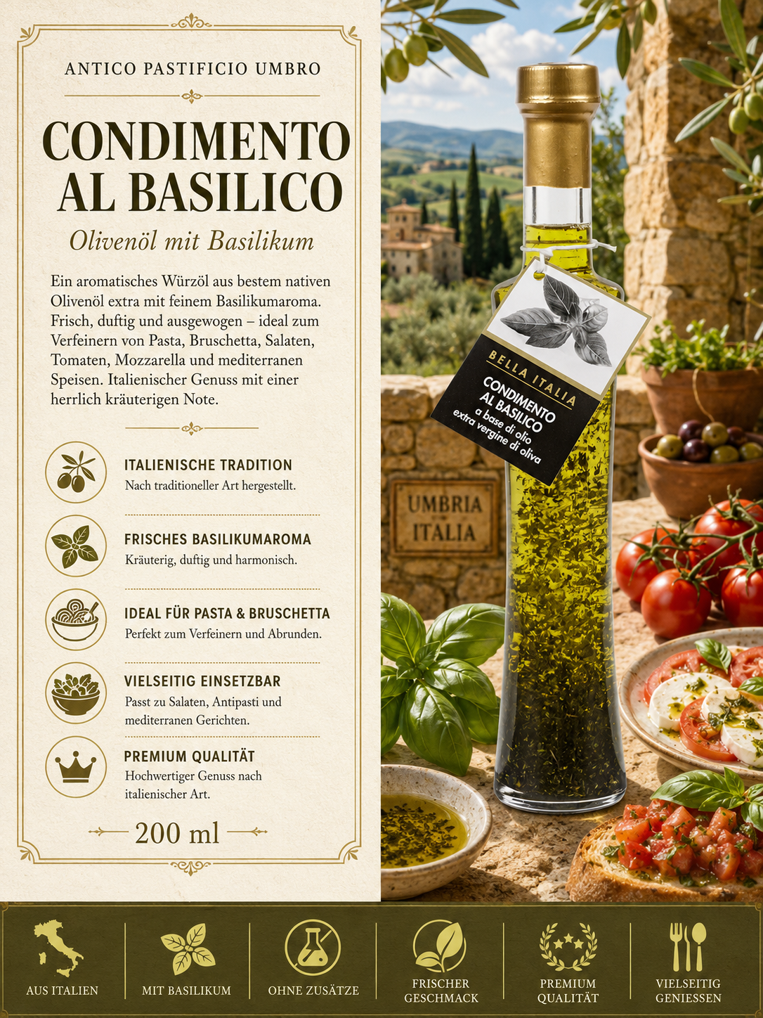 Olivenöl, Basilikum, Basilikumöl, Italienische Tradition, 200 ml