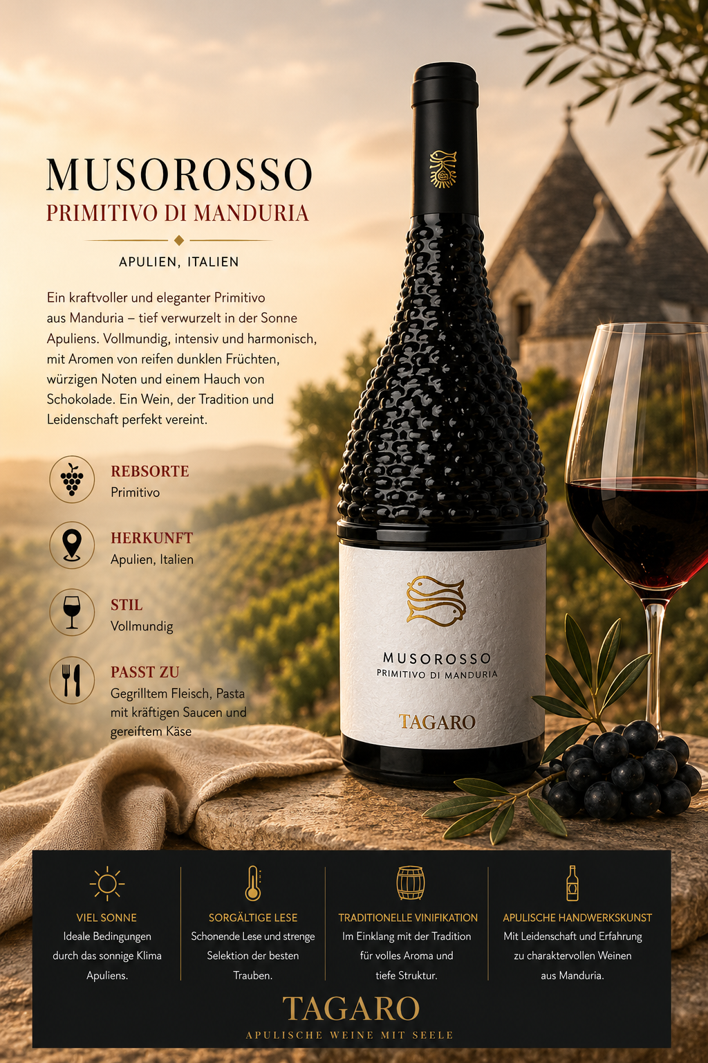 Wein, Rotwein, Flasche, Etikett, Manduria