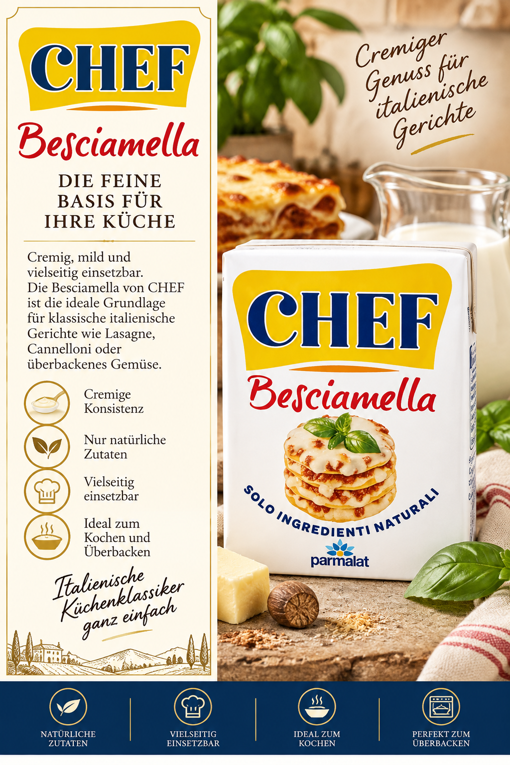 Besciamella, Pasta-Grundlage, Italienische Küche, Konsistenz, Natur Zutaten