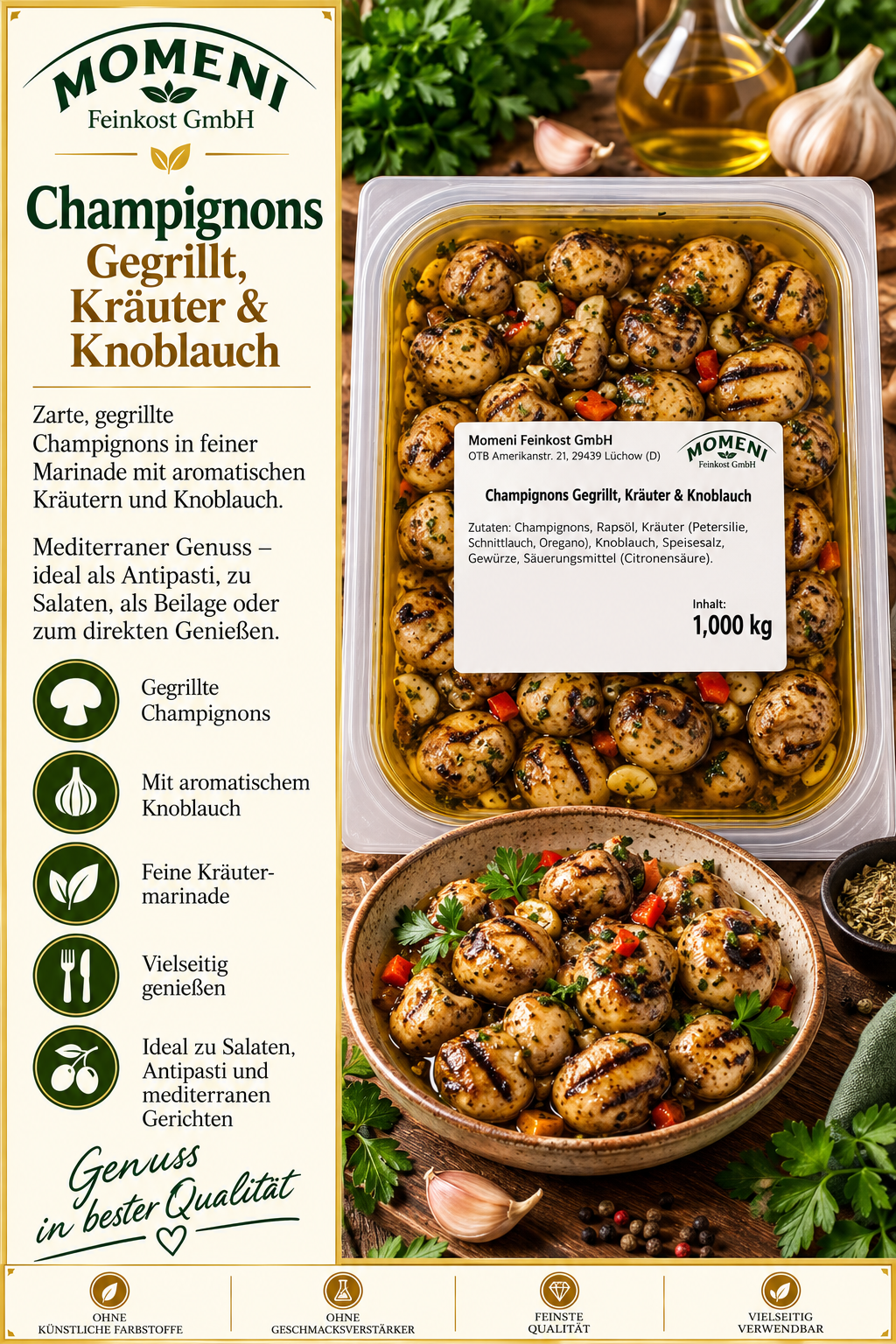 Champignons, Gegrillte Champignons, Kräuter, Knoblauch, Marinade
