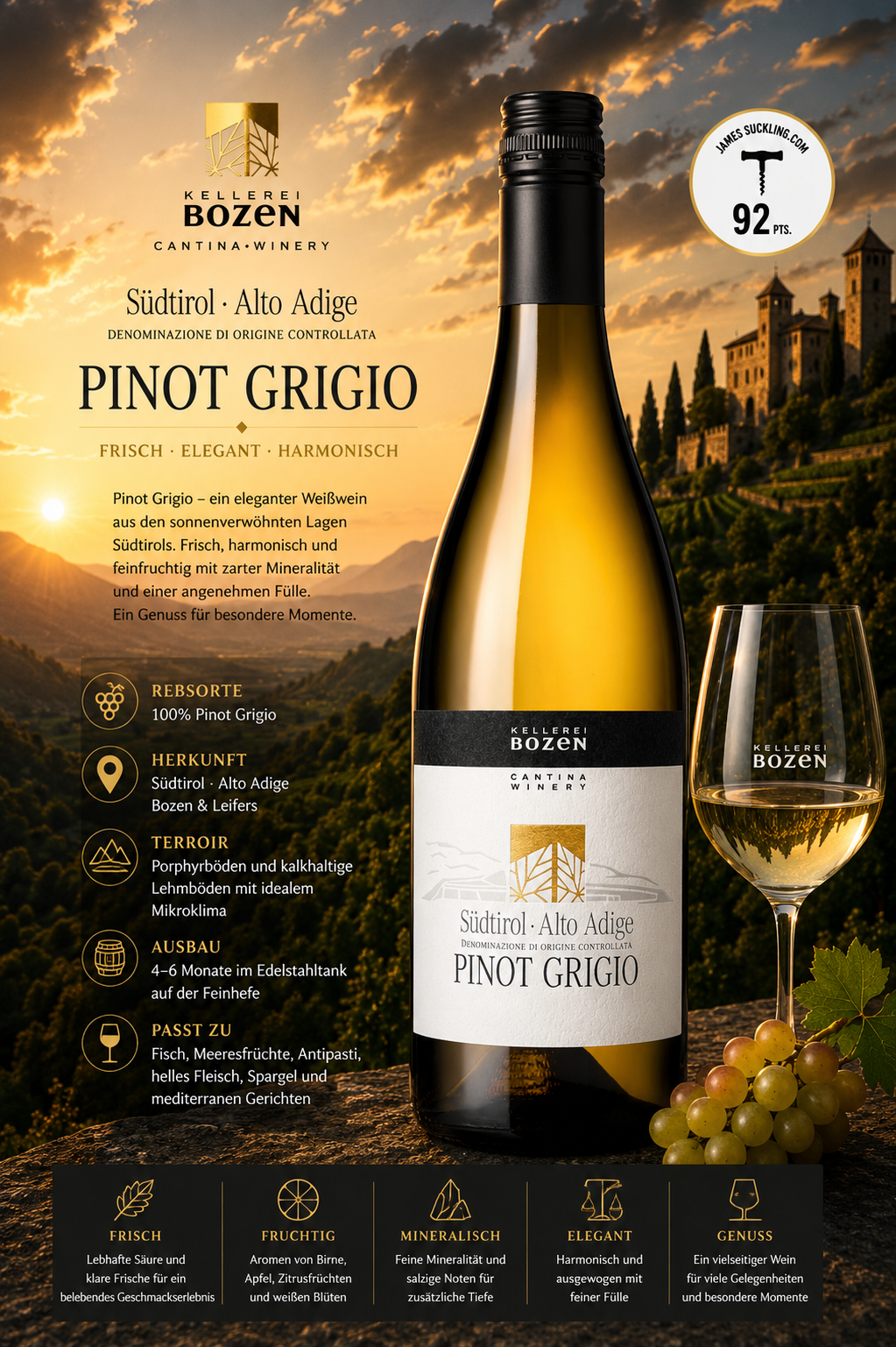 Pinot Grigio, Weißwein, Flasche, Weinrebe, Glas