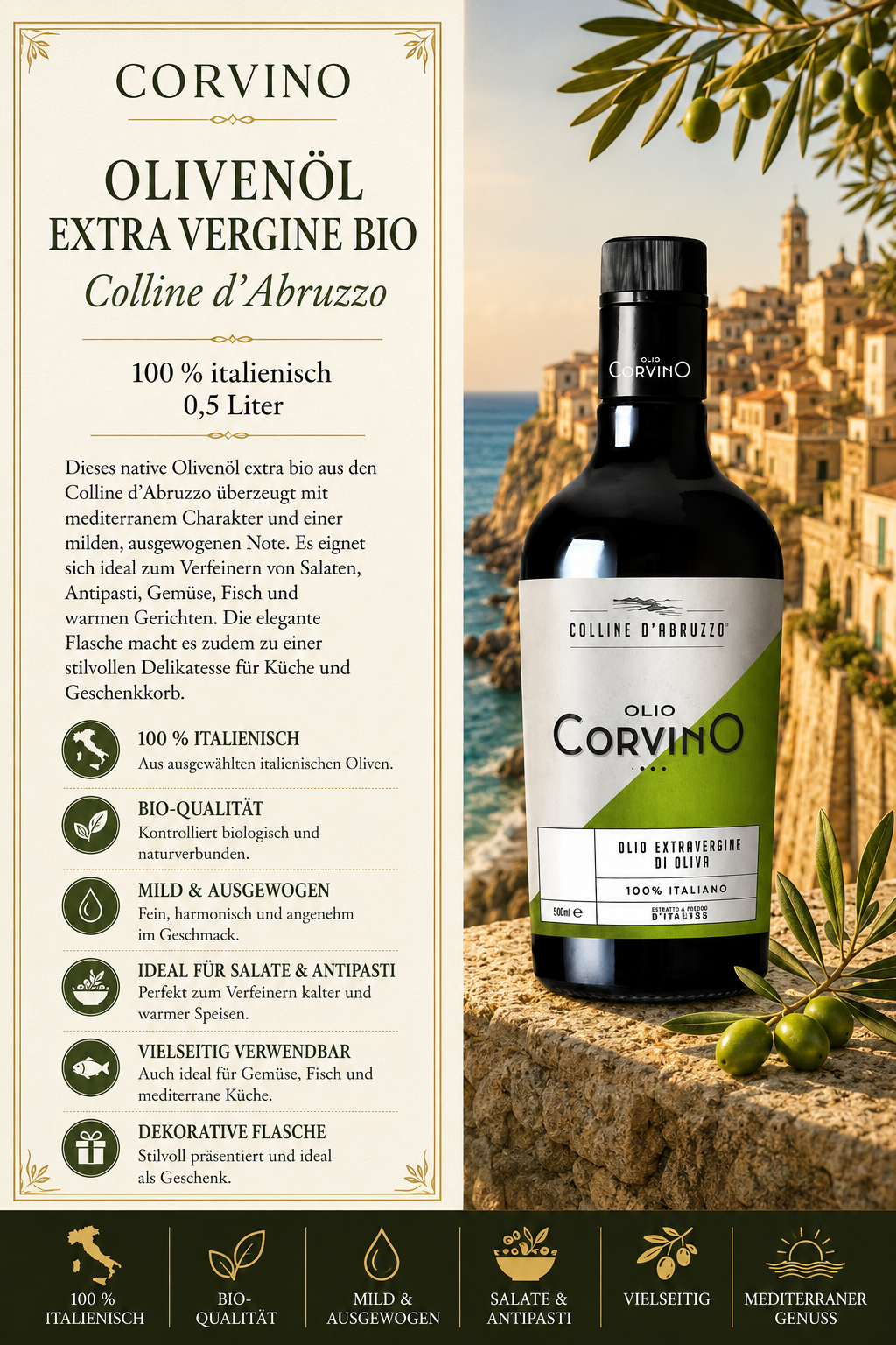 Olivenöl, Extra Vergine, Bio, Colline d'Abruzzo, Flasche 0,5l