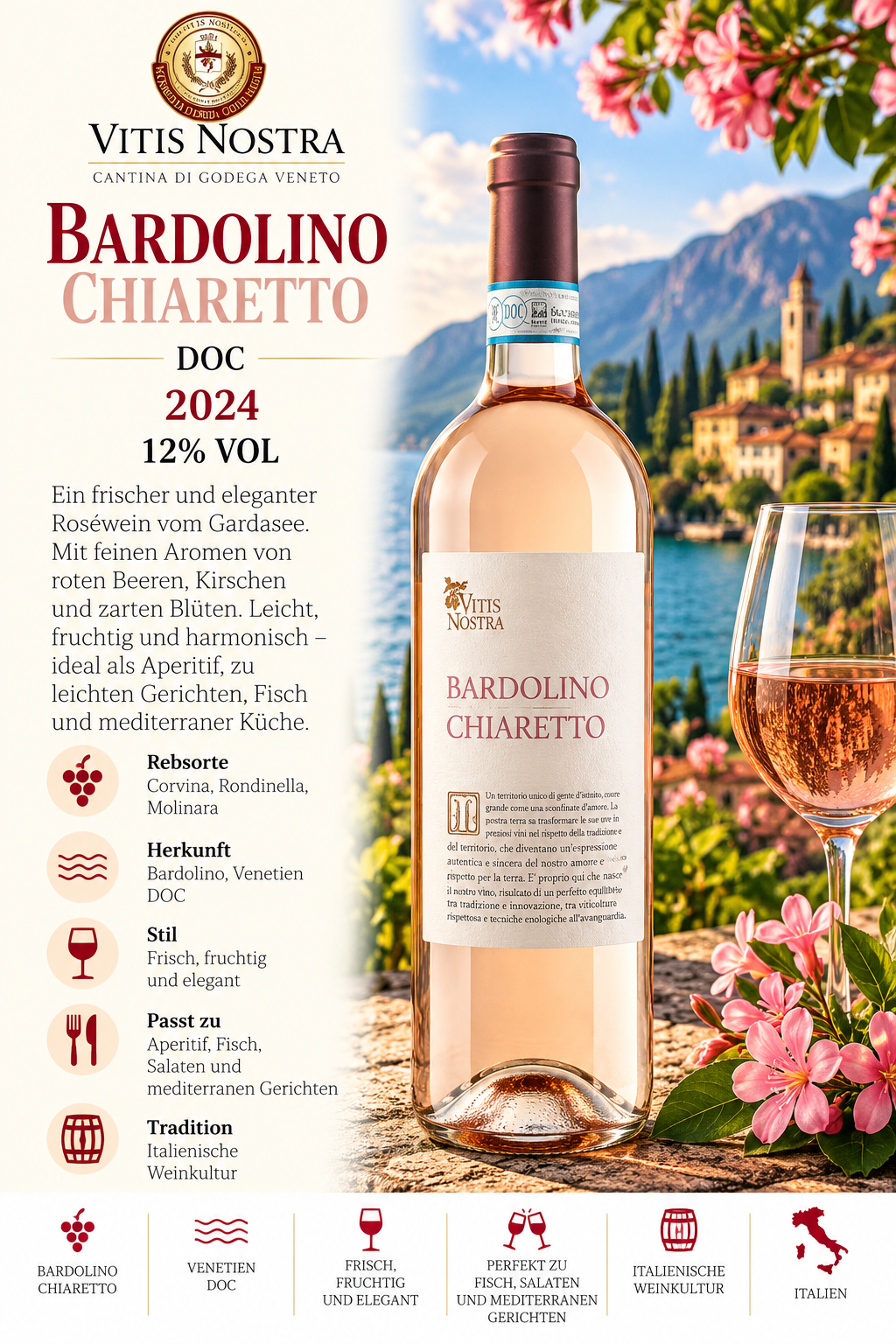Roséwein, Bardolino Chiaretto, Weinflasche, Weinglas, Etikett