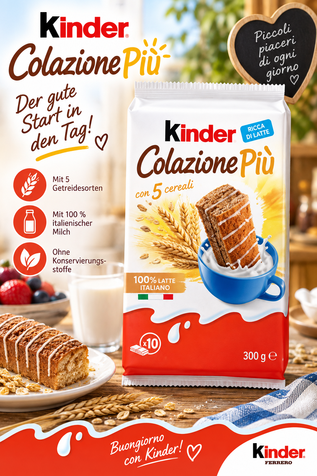 Kinder, Colazione Più, Milch, Getreide, Kuchen