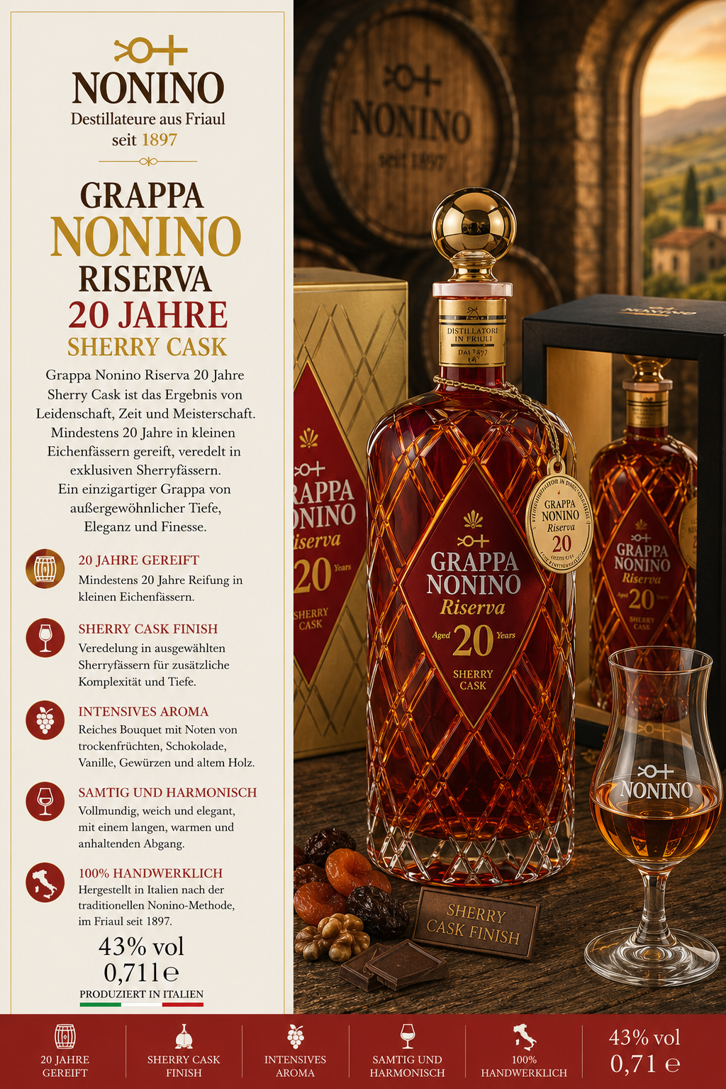 Grappa, Riserva, Sherry Cask, 20 Jahre, Karaffe