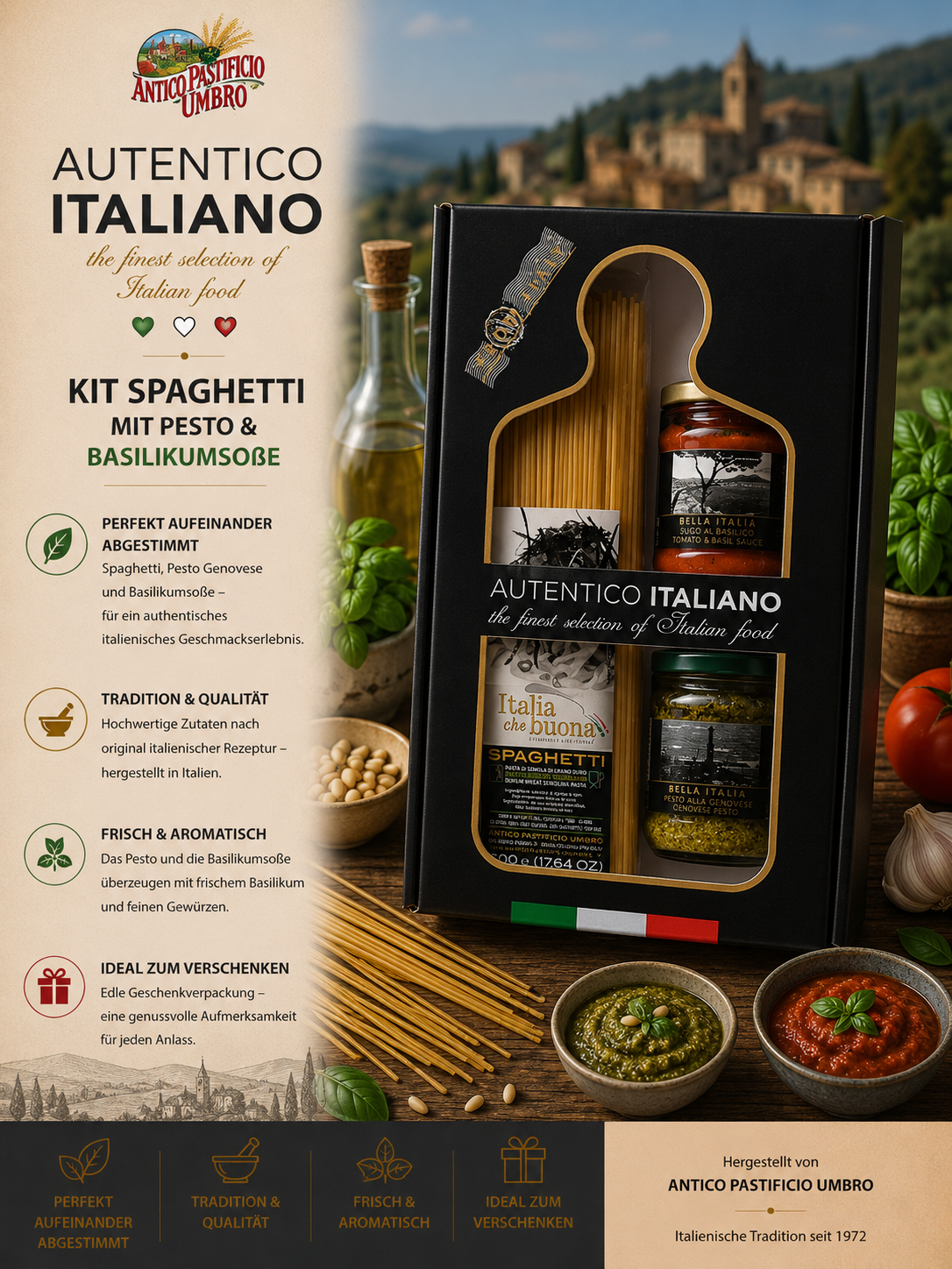 pasta kit, spaghetti, Basil pesto, italienische sosse, geschenkset
