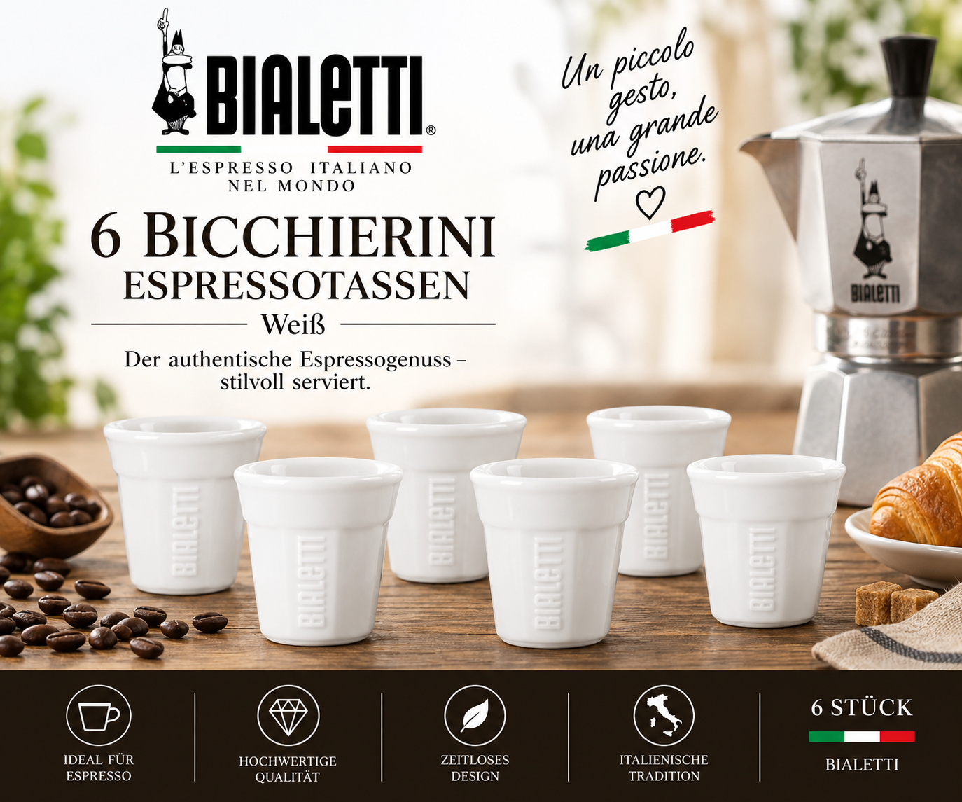 espresso cups, 6 Stück, Bialetti, Italienische Tradition, Kaffeebohnen
