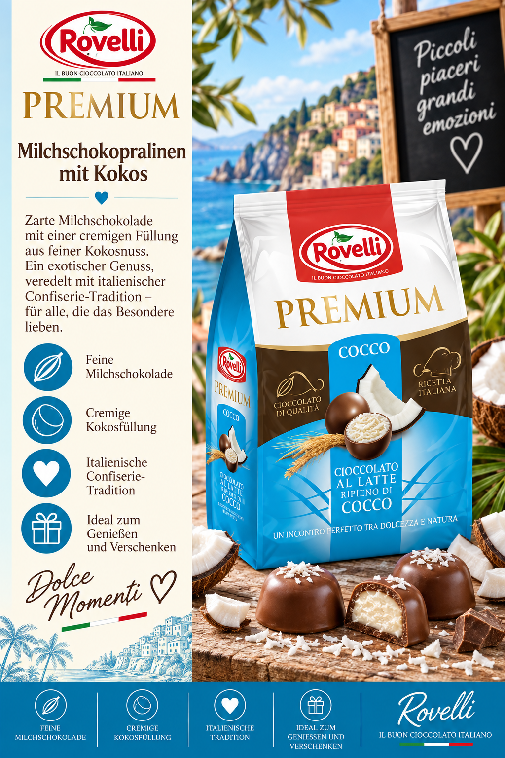 Milchschokolade, Kokos, Premium, Italienische Tradition, Schokoladenpraline