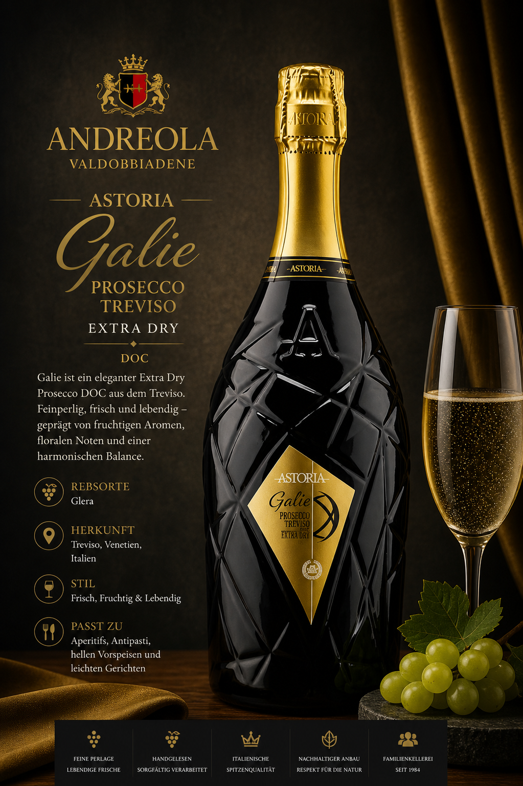 Prosecco, Champagner, Glasflasche, Goldlabel, Granitflasche