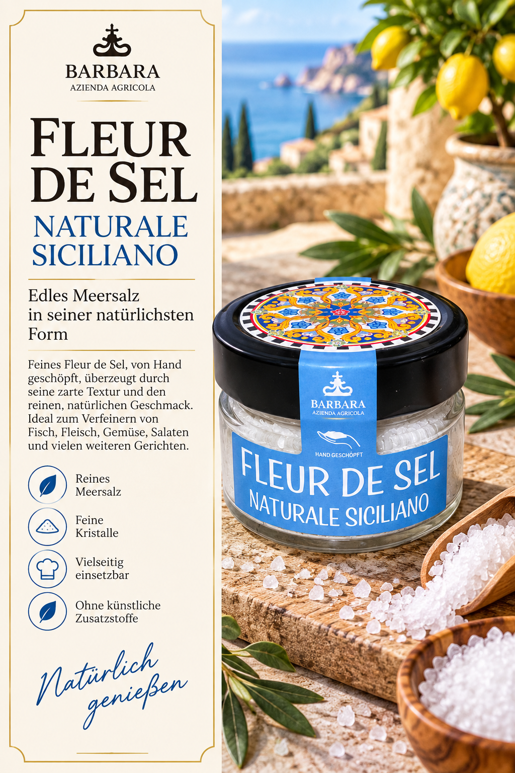 Meersalz, Fleur de Sel, Naturale Siciliano, Glas, Kleine Kristalle