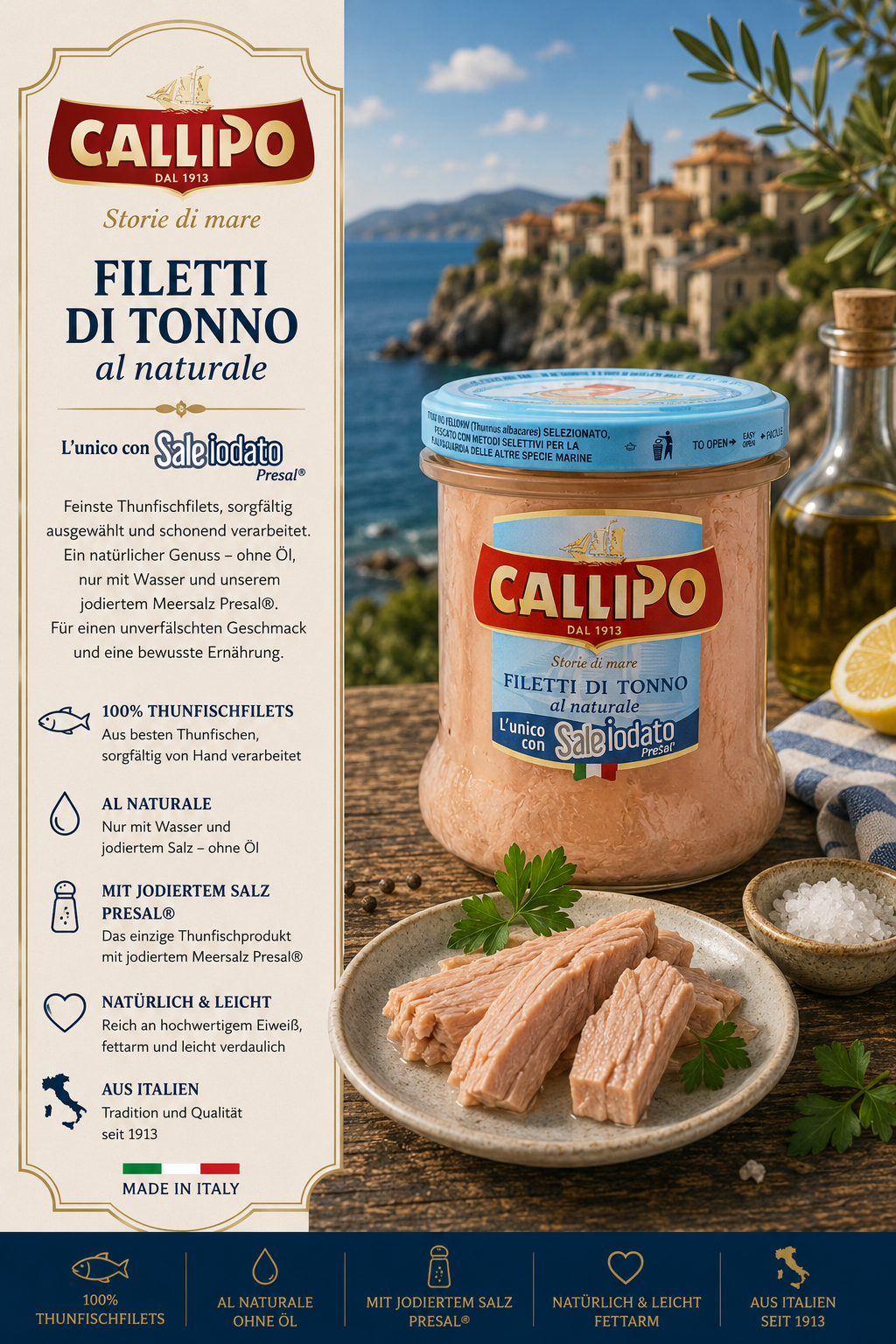 Thunfischfilets, Fischkonserve, Filetti di tonno, Naturale, Salze Presal