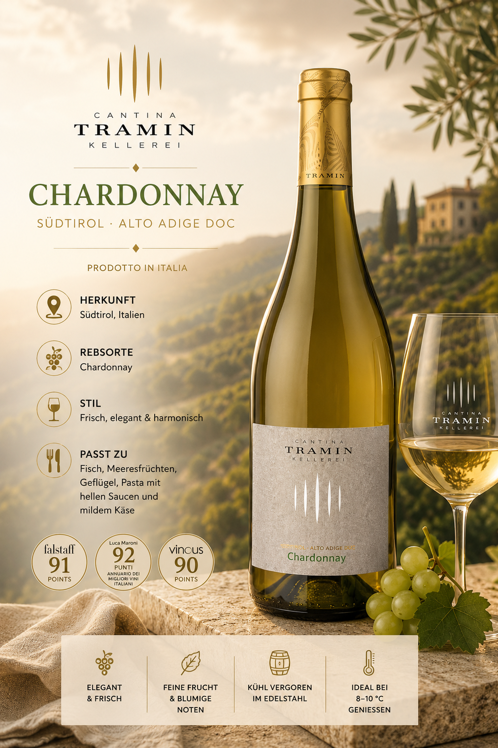 Weinflasche, Chardonnay, Italien, Südtirol, Kellerei Tramin