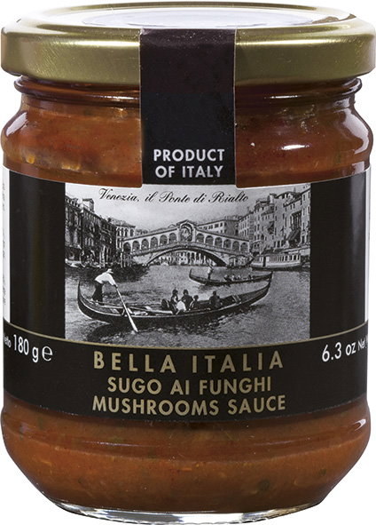 Soße mit Pilzen, Pilze, Glas jar, rote Tomate, italienische Soße