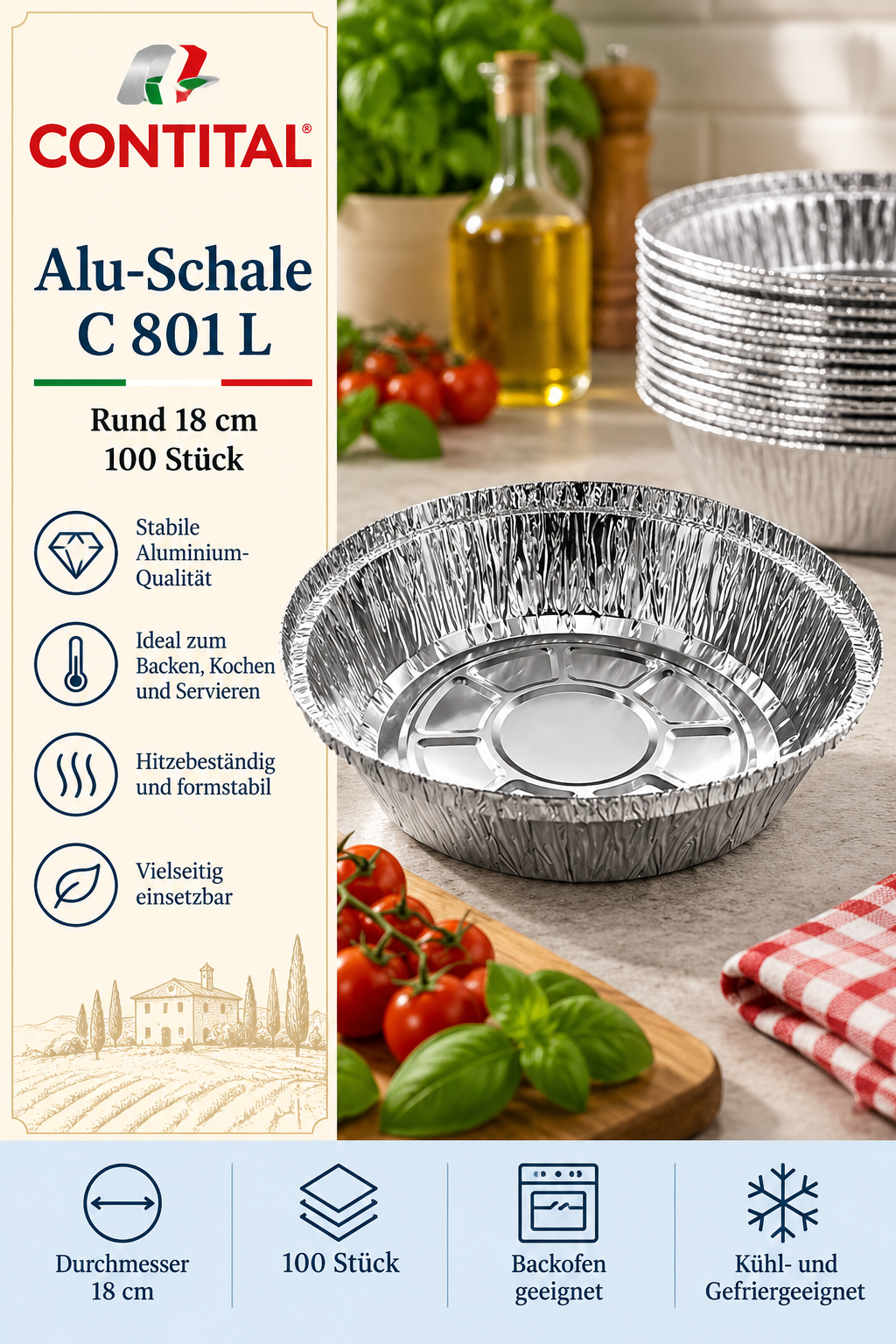 Alu-Schale, 18 cm, Rund, 100 Stück, Backofenfest