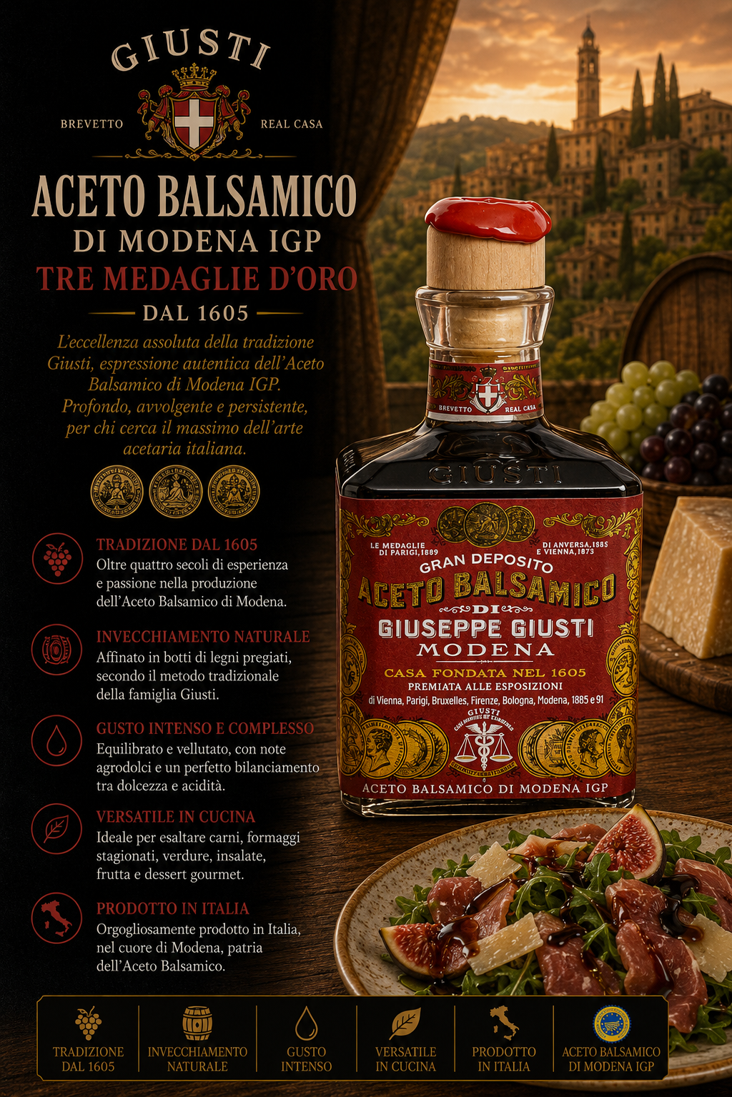 Aceto balsamico, Modena, Flasche, Etikett, Olivenzweige