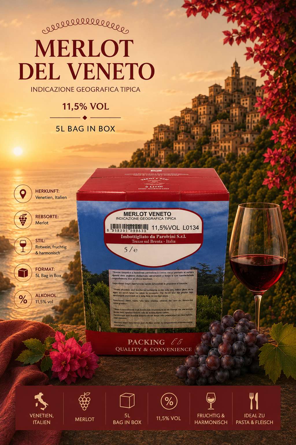 Merlot, Weinbox, 5L, Italien, Flasche