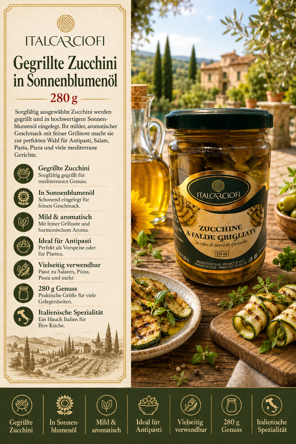 Gegrillte Zucchini, Sonnenblumenöl, Glasbehälter, Jar mit Deckel, Italcarciofi