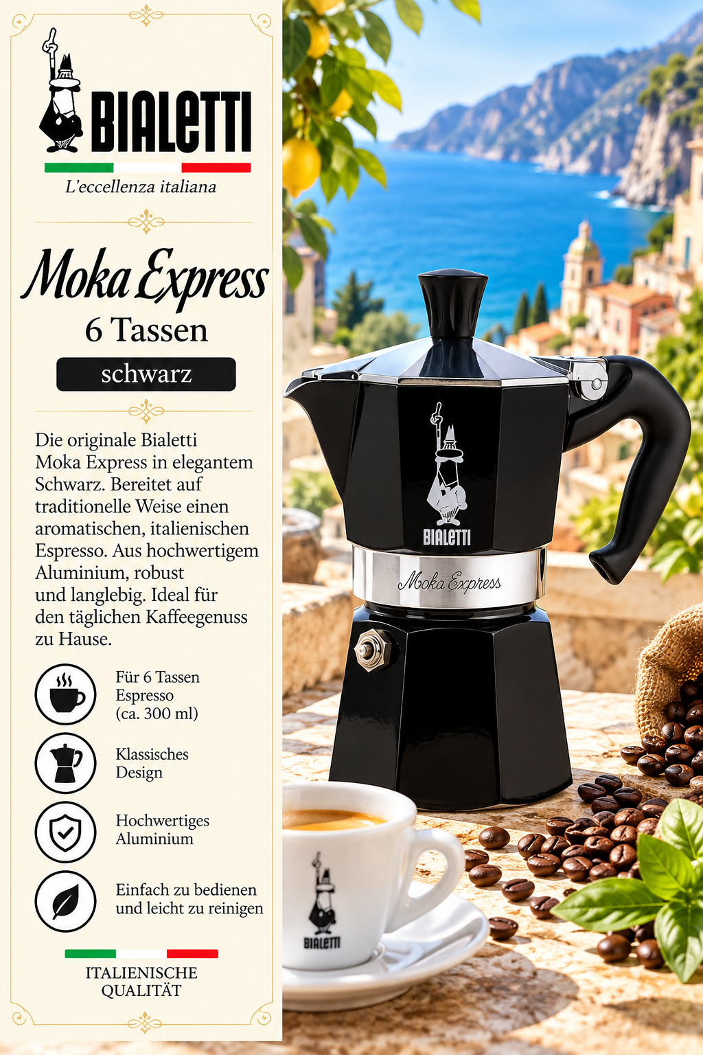 Moka Express, Kaffeemaschine, Aluminium, schwarz, 6 Tassen