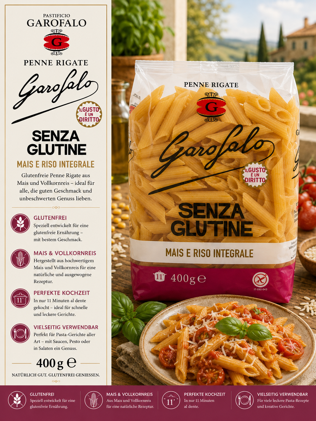 Penne Rigate, Glutenfrei, Mais & Vollkornreis, Garofalo, Pasta beutel
