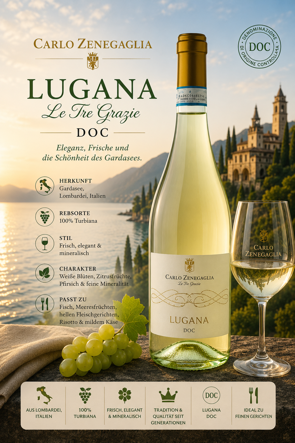 Weißwein, Lugana, DOC, Flasche, Weinglas