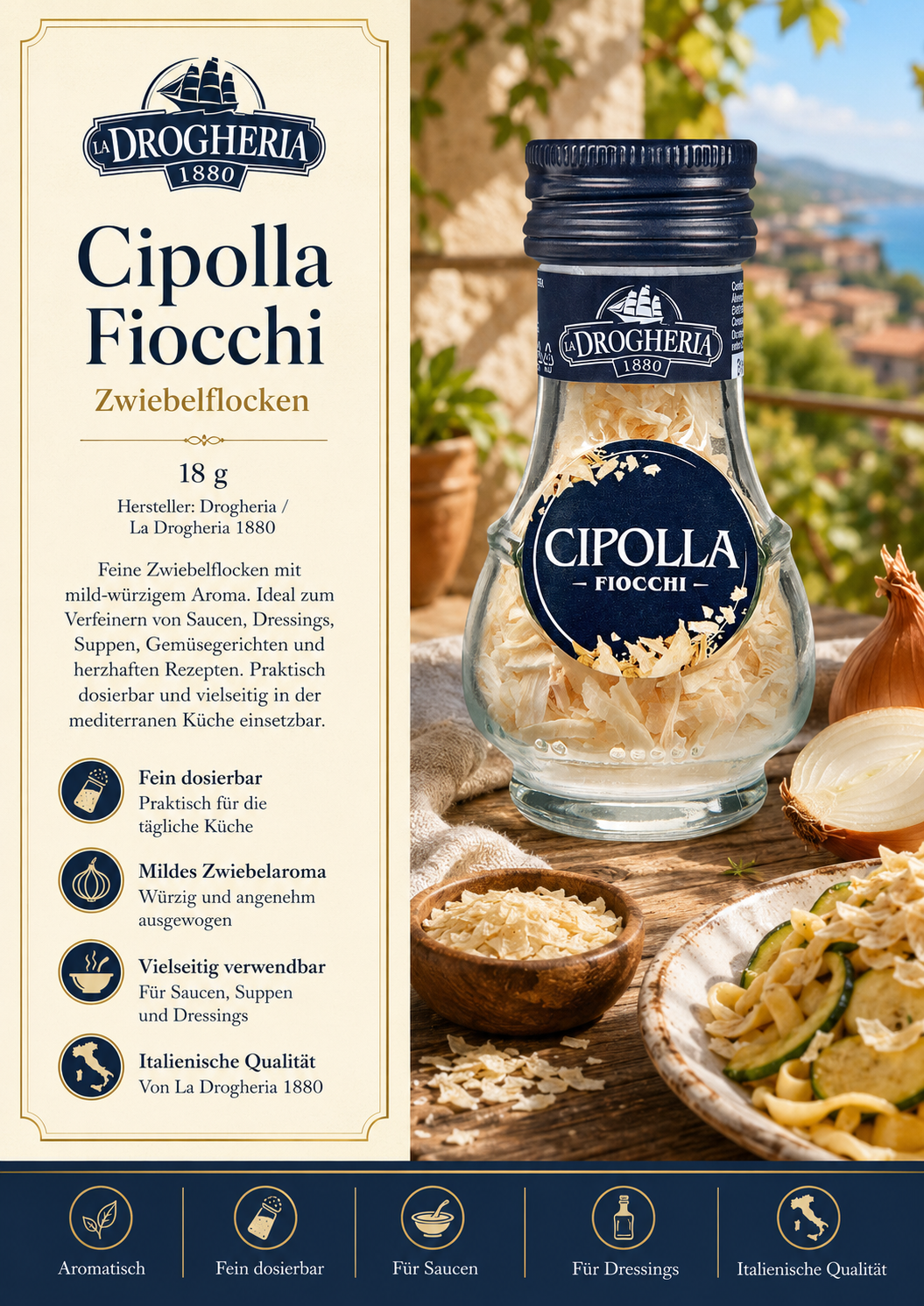 Zwiebelflocken, Cipolla Fiocchi, Glasflasche, Ölflocken, Italienische Qualität