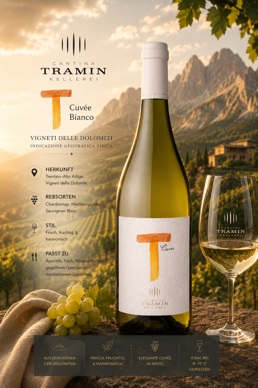 Weißwein, Chardonnay, Weißweinflasche, Dolomitenwein, Glas