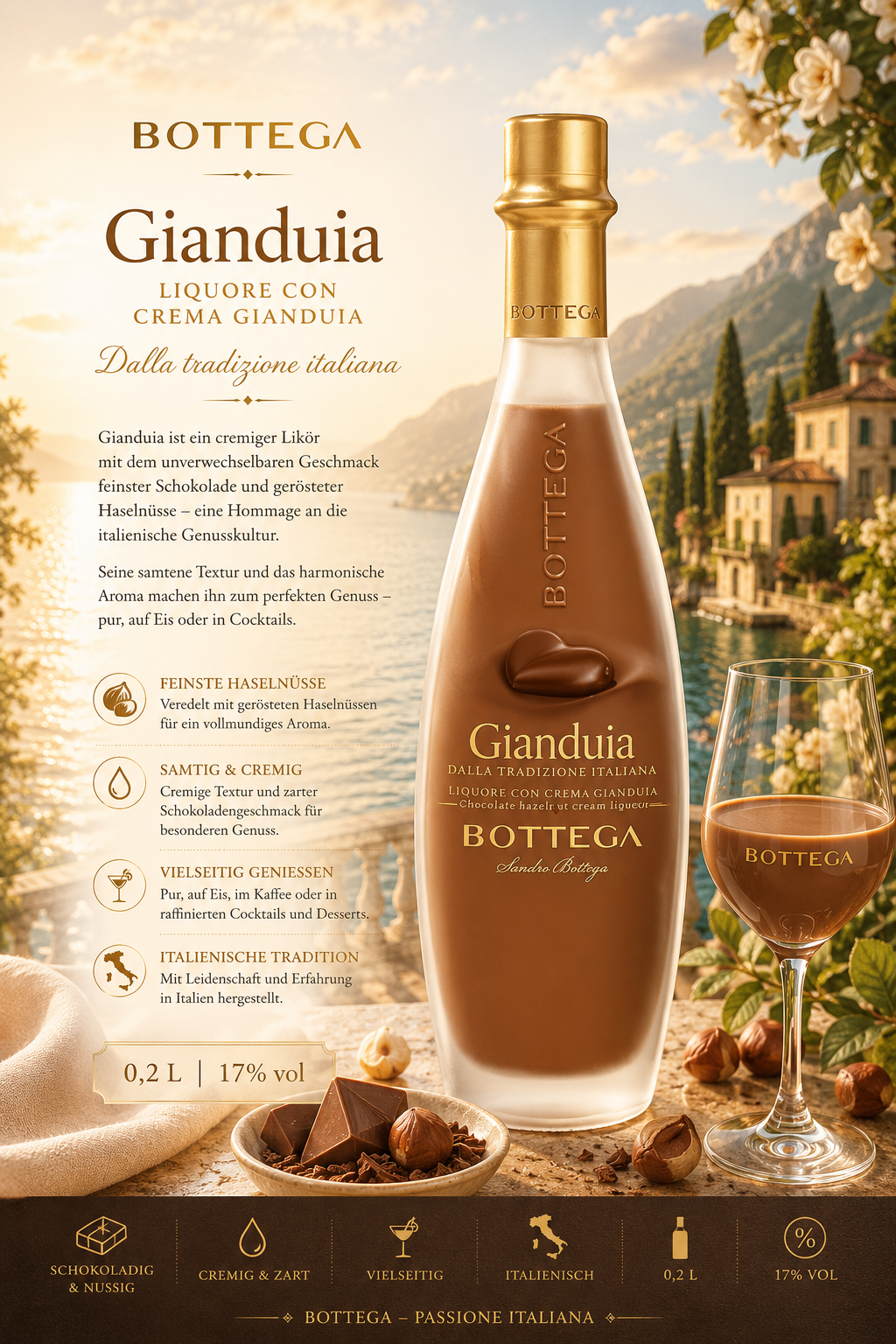 Likör, Gianduia, Schokoladenlikör, Haselnuss, Italienische Tradition