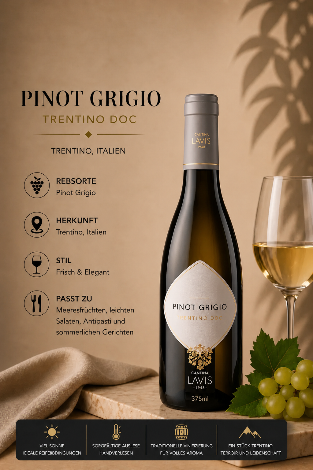 Pinot Grigio, Weißwein, Trentino, Flasche, Kartonverpackung