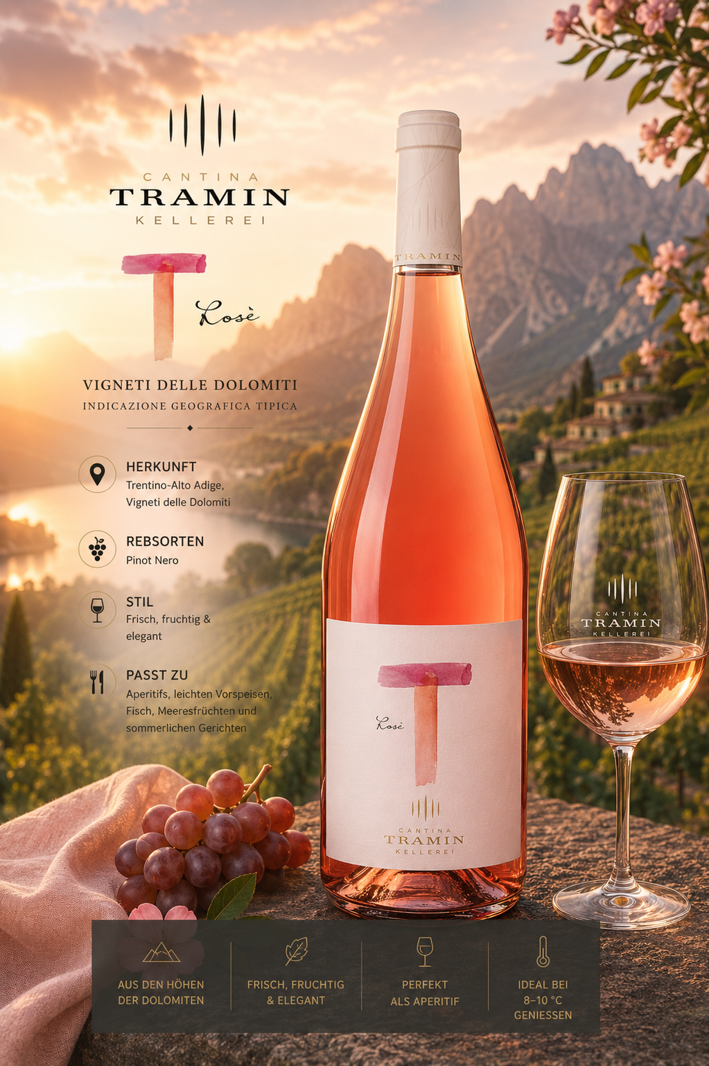 Roséwein, Weinflasche, Weinglas, Dolomitenwein, Rosé
