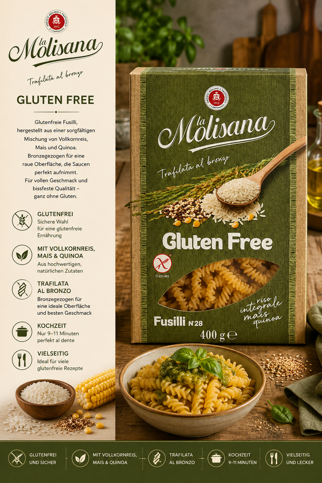 Glutenfrei, Fusilli, Pasta, Vollkornreis, Quinoa