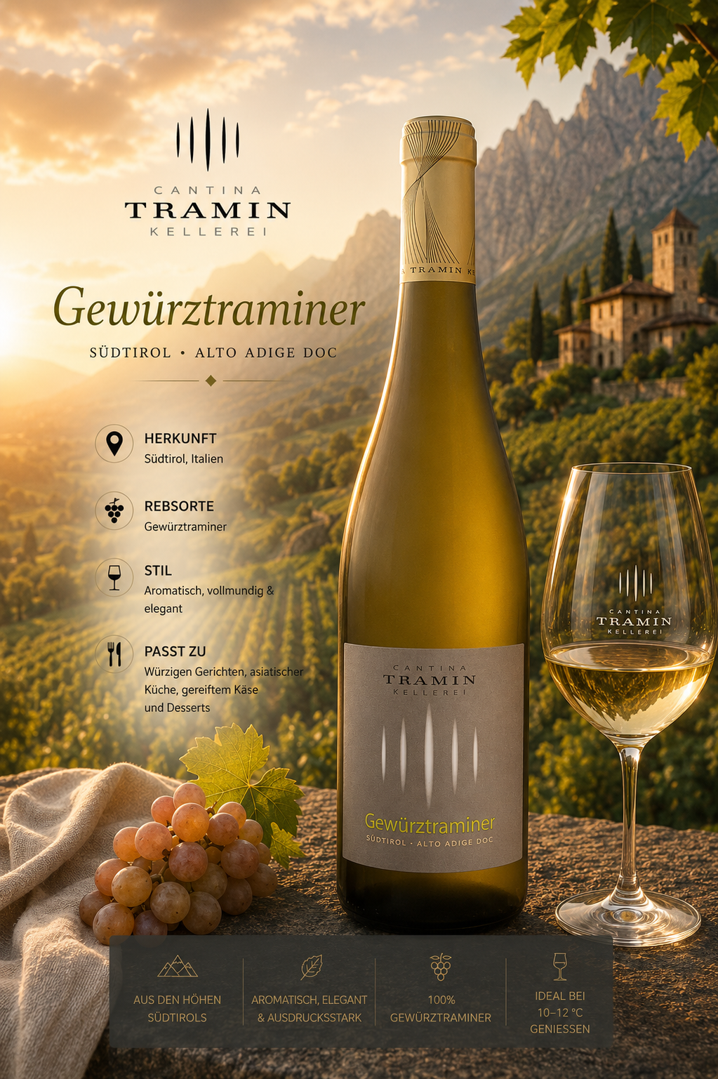 Gewürztraminer, Wein, Weißwein, Flasche, Glas