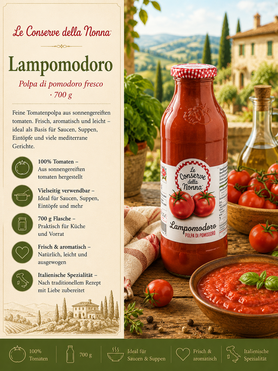 Tomatenpüree?, Tomatensauce?, Glasflasche, 700 g, Italienische Spezialität