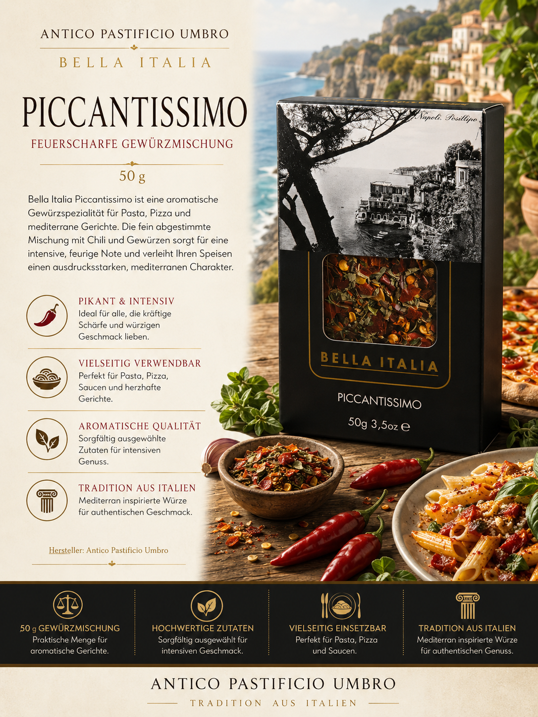 Piccantissimo, Gewürzmischung, Napoli Stil, 50 g, Pasta Gewürz