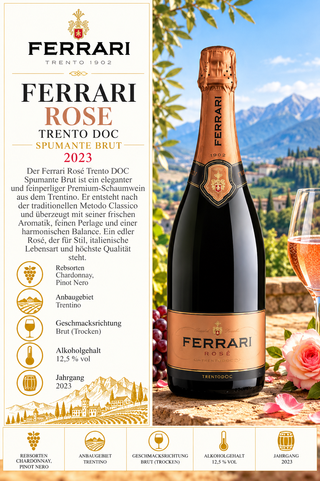 Schaumwein, Rosé, Brut, Trento DOC, Alkoholgehalt 12,5%