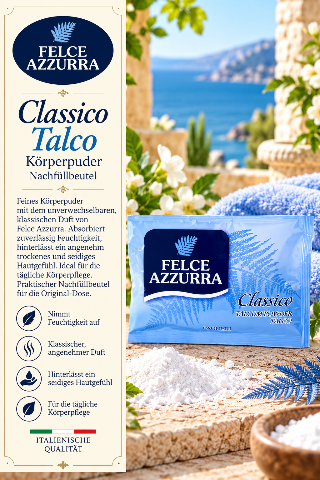 Körperpuder, Nachfüllbeutel, Talco, Kompaktpuder, Italienische Qualität